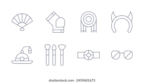 Accessories icons. Editable stroke. Containing hat, fan, kneepad, scarf, makeup, belt, accessory, devil.