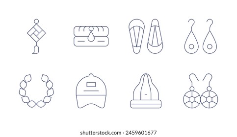 Accessories icons. Editable stroke. Containing keychain, scarf, laurel, hat, hairclip, beanie, earrings.