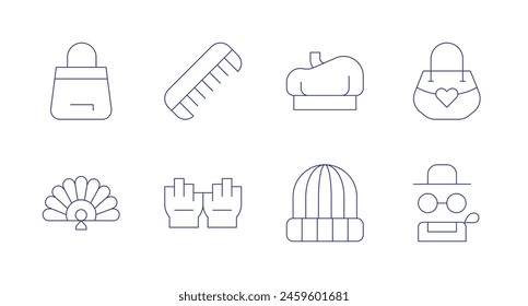 Accessories icons. Editable stroke. Containing handbag, handfan, fingerlessgloves, hairstyling, beret, bag, accessory, accessories.