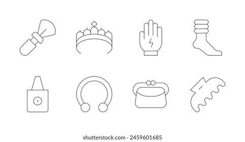 Accessories icons. Editable stroke. Containing brush, totebag, diadem, piercing, hairclip, bag, legwarmer, glove.