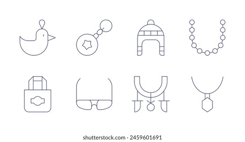 Accessories icons. Editable stroke. Containing keychain, totebag, sunglasses, fang, accessory, necklace.