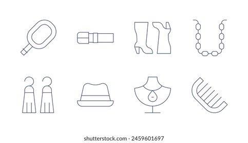 Accessories icons. Editable stroke. Containing handmirror, tassel, hat, belt, boots, jewelry, chain, accessory.