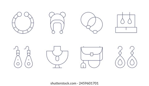 Accessories icons. Editable stroke. Containing earrings, bracelet, beanie, clutch, scrunchie, necklace.