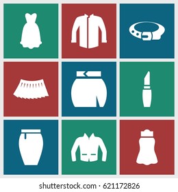 Accessories icons set. set of 9 accessories filled icons such as lipstick, belt, jacket, skirt
