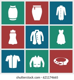 Accessories icons set. set of 9 accessories filled icons such as belt, jacket, skirt