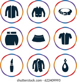 Accessories icons set. set of 9 accessories filled icons such as lipstick, belt, earring, jacket