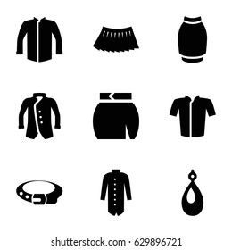 Accessories icons set. set of 9 accessories filled icons such as belt, earring, jacket