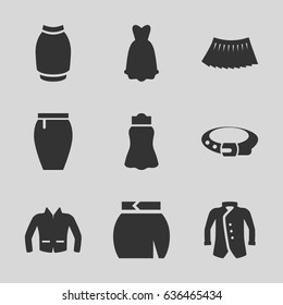 Accessories icons set. set of 9 accessories filled icons such as belt, skirt, jacket
