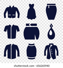 Accessories icons set. set of 9 accessories filled icons such as earring, jacket, skirt