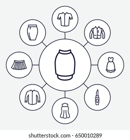 Accessories icons set. set of 9 accessories outline icons such as lipstick, jacket, skirt