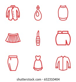 Accessories icons set. set of 9 accessories outline icons such as lipstick, earring, jacket, skirt