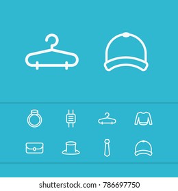 Accessories icons set with sweater, hanger and tie elements. Set of accessories icons and sweatshirt concept. Editable vector elements for logo app UI design.