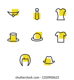 Accessories icons set with t-shirt, tie and hat elements. Set of accessories icons and headwear concept. Editable vector elements for logo app UI design.