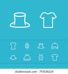 Accessories icons set with t-shirt, winter hat and woman polo elements. Set of accessories icons and fedora concept. Editable vector elements for logo app UI design.