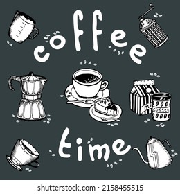 Сoffee accessories icons set. Vector engraving illustrations.