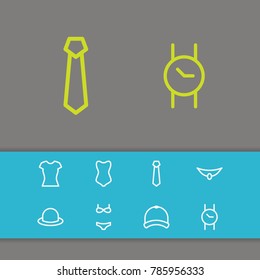 Accessories icons set with woman polo, watch and fedora elements. Set of accessories icons and jewelry concept. Editable vector elements for logo app UI design.