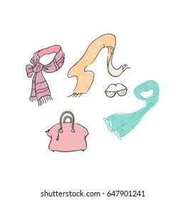 Accessories illustration. Packing for vacation. Female clothing set. Vector hand-drown objects illustrations of fashion collection.
