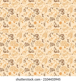 Accessories for knitting, crohet. Knitted clothes.  Illustracion. Seamless pattern for fabric, wrapping, textile,  wallpaper, apparel. Vector. 