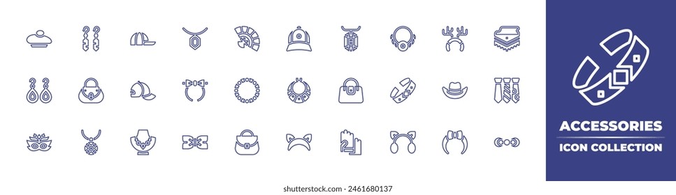 Accessories line icon collection. Editable stroke. Vector illustration. Containing handbag, headband, woman bag, necklace, accessory, gloves, earrings, cowboy hat, bracelet, carnival mask, bow tie.