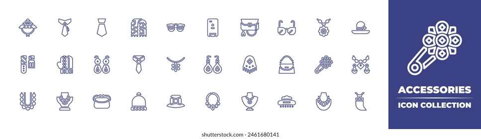 Accessories line icon collection. Editable stroke. Vector illustration. Containing earrings, necklace, accessory, pearl necklace, bag, belt, hair clip, handbag, veil, mittens, brooch, beanie, tie.