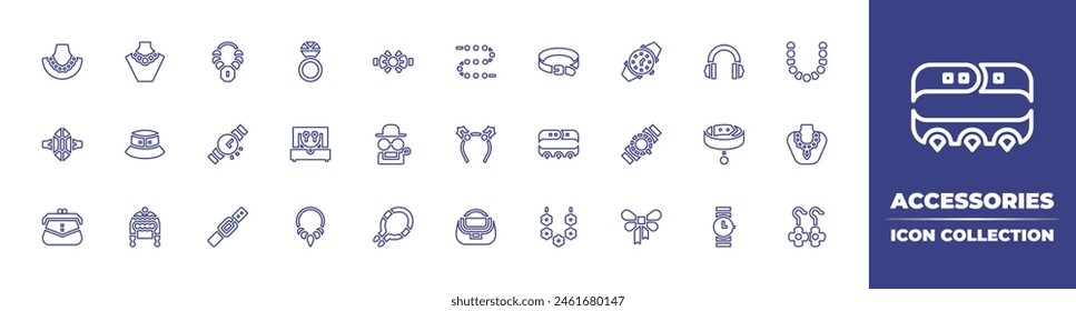 Accessories line icon collection. Editable stroke. Vector illustration. Containing ring, accessories, clutch, necklace, mongkhon, stylish bag, belt, jewelry box, hat, wristwatch, winter hat, headband.