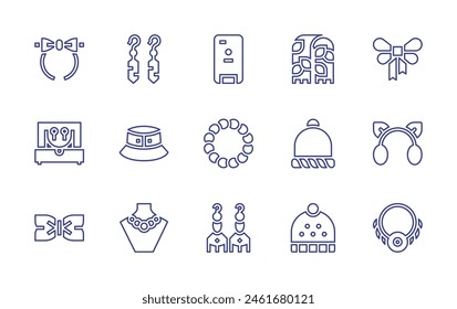 Accessories line icon set. Editable stroke. Vector illustration. Containing phone case, earrings, accessory, bracelet, jewelry box, winter hat, necklace, beanie, diadem, bow tie, pashmina, hat.