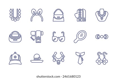 Accessories line icon set. Editable stroke. Vector illustration. Containing necklace, sunglasses, clutch, earrings, hat, cap, handbag, scarf, mittens, hairband, bow tie, mirror, tie.