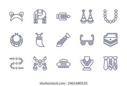 Accessories line icon set. Editable stroke. Vector illustration. Containing necklace, earrings, accessory, hair clip, headband, bag, party glasses, scarf, tie, belt, pendant.