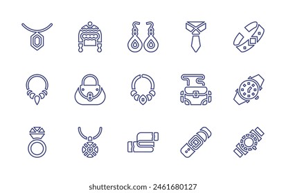 Accessories line icon set. Editable stroke. Vector illustration. Containing necklace, earrings, handbag, accessory, watch, bracelet, ring, scarf, shoulder bag, winter hat, tie.