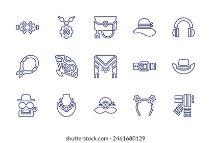 Accessories line icon set. Editable stroke. Vector illustration. Containing women hat, accessories, pearl necklace, clutch, belt, jewelry, mongkhon, earmuffs, cowboy hat, bow tie, handkerchief, fan.