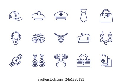 Accessories line icon set. Editable stroke. Vector illustration. Containing woman bag, necklace, accessory, beret, gloves, hand bag, sailor hat, earrings, tie, carnival mask, reindeer antlers.