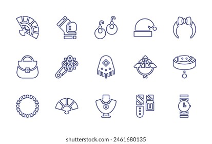 Accessories line icon set. Editable stroke. Vector illustration. Containing handbag, headband, earrings, fan, necklace, collar, accessory, wrist watch, belt, santa hat, kneepad, veil, brooch.