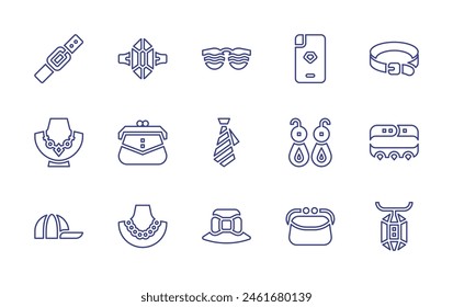 Accessories line icon set. Editable stroke. Vector illustration. Containing ring, phone case, earrings, bracelet, accessory, pearl necklace, bag, gem, cap, tie, stylish bag, belt, necklace.