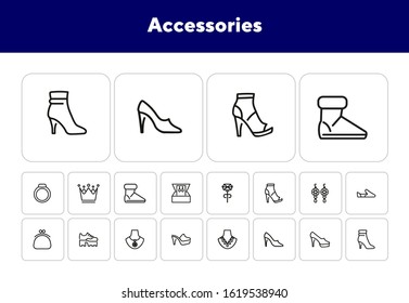 Accessories line icon set. Shoes, purse, necklace. Fashion concept. Can be used for topics like style, trend, jewelry