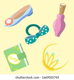 Accessories for a little lady in vector. Blue bow, pink lipstick, yellow diadem, green diary and blue shoe