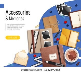 Accessories and memories design concept set of postal envelope film slide folders diary notepad vector illustration
