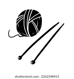 Accessories for needlework. Yarn with knitting needles in flat black and white graphic style. Cartoon image of a knitter's tools. Rolling ball of thread for knitting.