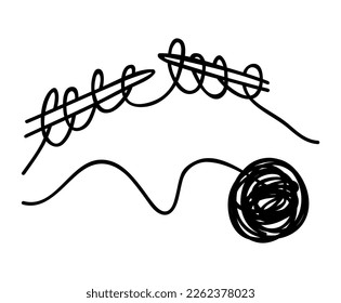 Accessories for needlework. Yarn with knitting needles in flat black and white graphic style. Cartoon image of a knitter's tools. Rolling ball of thread for knitting. A set of loops on the spokes.