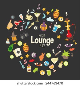 Accessories Of Night Club Theme Items: Wine, Candle, Cocktails, Hookah And Billiards Balls Icons Set, Cartoon Doodle Style, Vector Illustration Art.