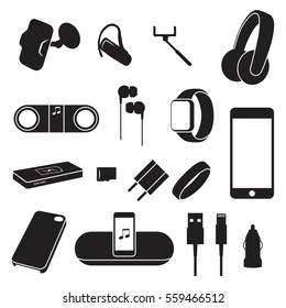 Accessories / objects for mobile phones silhouette icons