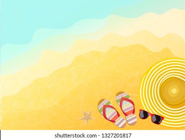 Accessories on beach background. sunglasses, flip-flops and striped hat. summer background vector and illustration.