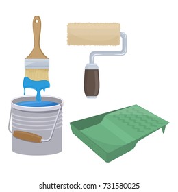 Accessories for painting on white background, cartoon illustration of repair tool. Vector