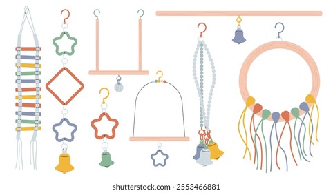 Accessories for parrots set. Toys for pets in minimalist style and trendy earthy shades. Swing, small ladder and hanging hooks with bells for bird cage. Flat vector illustrations collection.