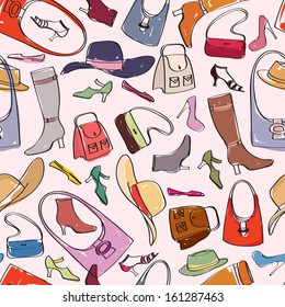Accessories pattern. Bags and shoes background. Fashion hand drawn doodle seamless pattern. Female dress texture.