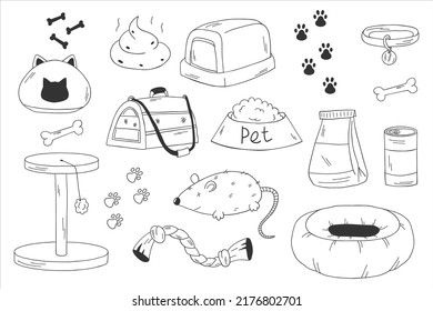 Accesorios para mascotas para el diseño de la decoración. Cuidado animal, comida para perros y gatos, juguetes y otras cosas.