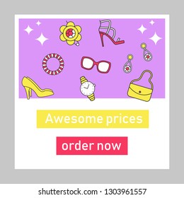 Accessories prices social media posts mockup. Online shop. Women wear. Ad web banner design template. Social network booster, content layout. Isolated promotion border, frame with copyspace, headline