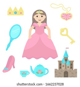 Accessories for the Princess: a castle, a mirror, a crown, a shoe, a pendant, a teapot and a cup. Princess set. Vector illustration.