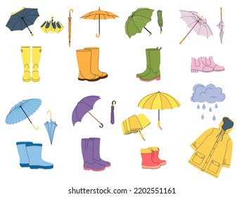 Accessories for rainy weather. Rain boots, raincoat and umbrella. Rubber footwear, folded and open parasol vector Illustration set of umbrella and raincoat, rainy accessory