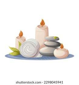 Accessories for relaxation. Burning candles, spa stones, a rolled up towel. For massage, relaxing treatments, meditation. Health and beauty. Trendy vector illustration