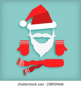 Accessories of Santa Claus. Beard and mustache, cap, winter gloves, a red scarf with a pattern.